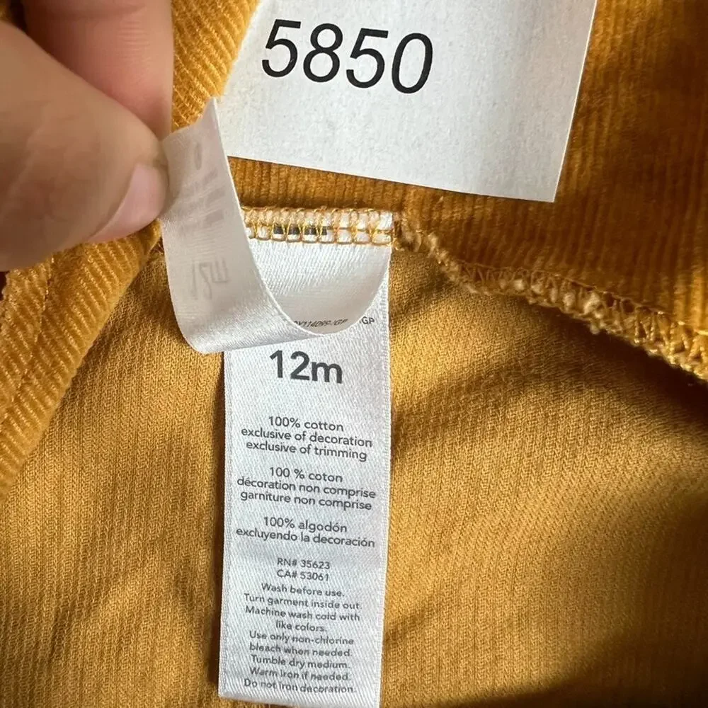 CARTER'S Overalls Baby Size 12 months Yellow Corduroy 100% Cotton Breathable